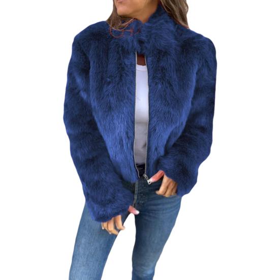 

Зимняя женская куртка из искусственного меха лисы с высоким воротником, уютная куртка на молнии, однотонная, для холодной погоды, знаменитая верхняя одежда для отдыха на открытом воздухе L синий