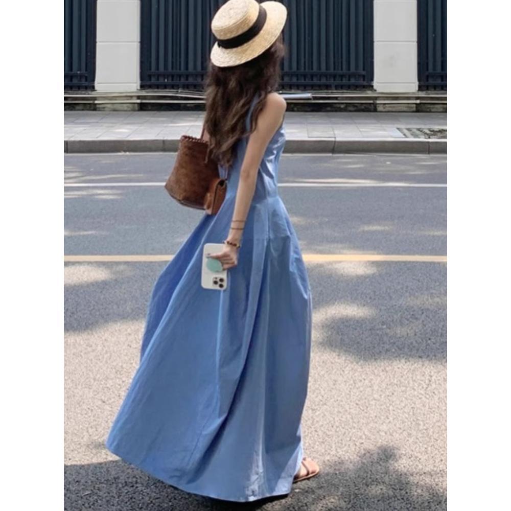 Temperament Blue Vest Dress Women's Clothing Summer New Casual Seaside Vacation Waist Slim Skirt
