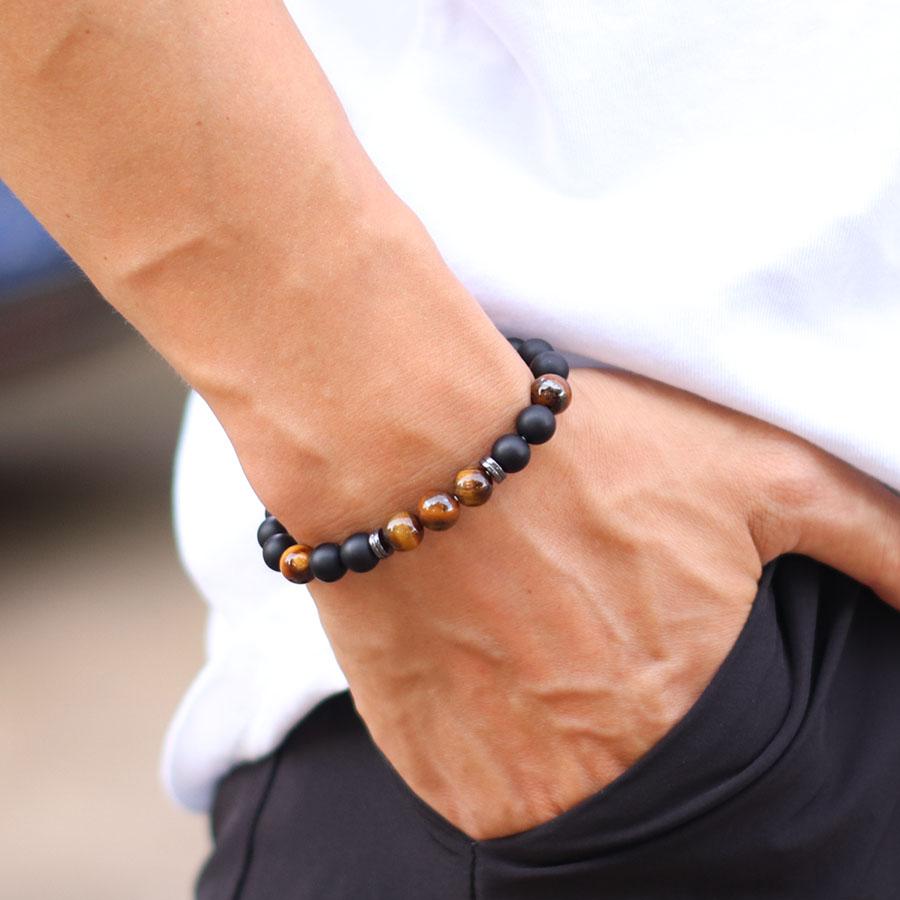 Frosted Black Onyx 8mm Tiger Eye Stone Beaded Bracelet Men Couple Natural Strings Casual Accessories Holiday Gifts