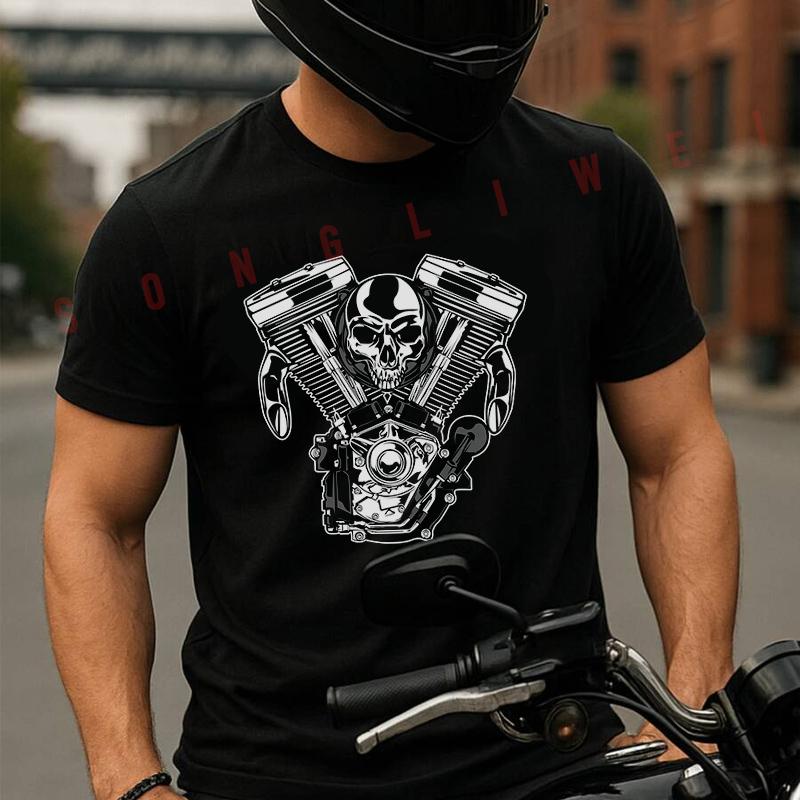 Skull And Motor Creative Design Men's T-shirt Summer Cotton Short Sleeved Casual TShirt O-Neck