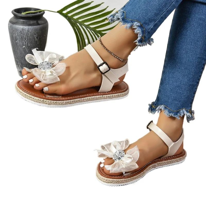 Fashion 2024 Hot Sale Shoes Female Open Toe Women's Sandals Summer Rhinestones Bow Tie Buckle Solid Flat Casual Beach Large Size Sandals