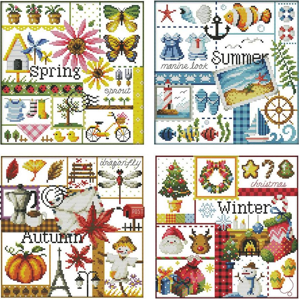 14CT Stamped Artwork DIY Four Seasons Printed Cross Stitch Kits for Home Decor