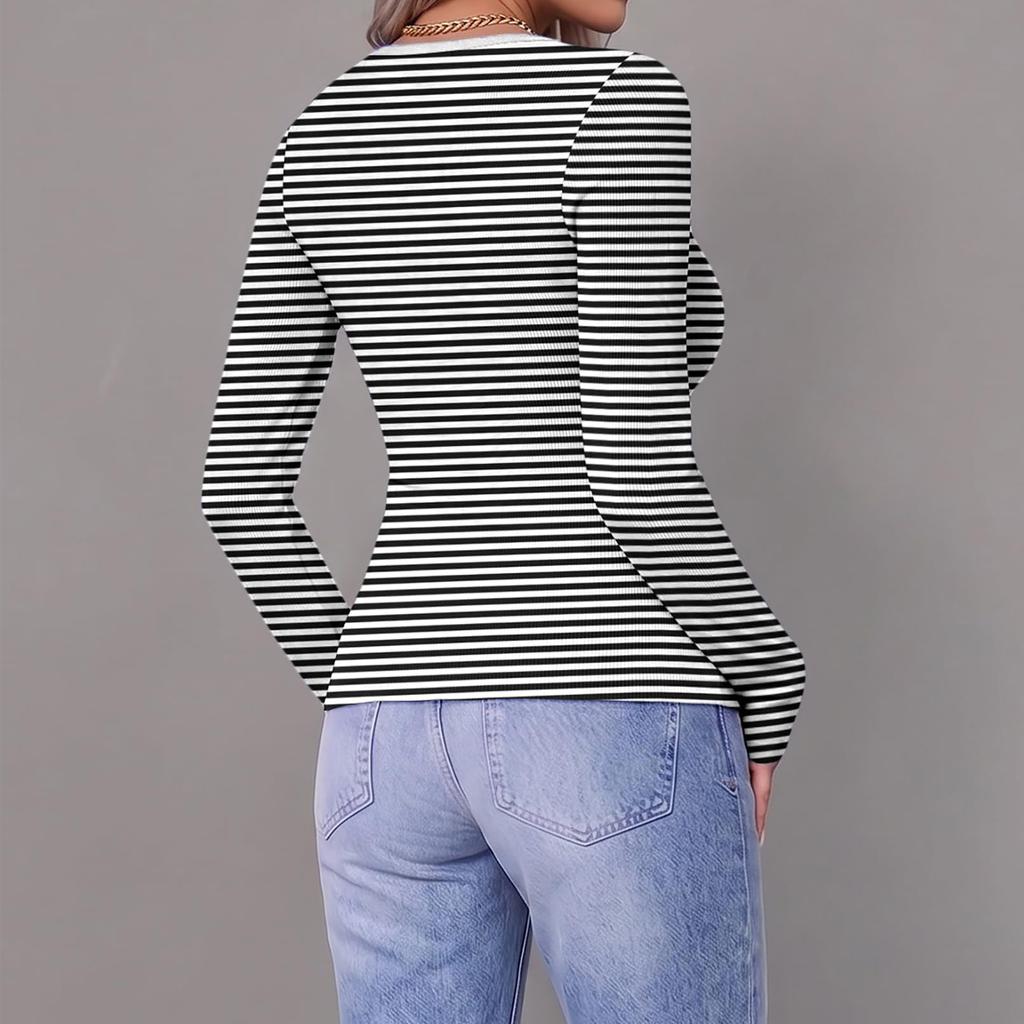 Dames Slim Fit Lange Mouwen Gestreept Nek T-shirt