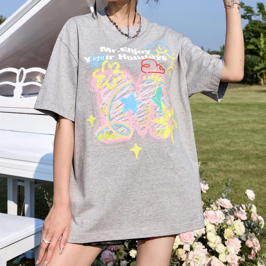 Sommer Reine Baumwolle Damen Lustiger Grafikdruck T-Shirt Harajuku O-Ausschnitt Übergroß Lässig Y2K Oberteile UNISEX T-Shirts Grau Weiß Streetwear