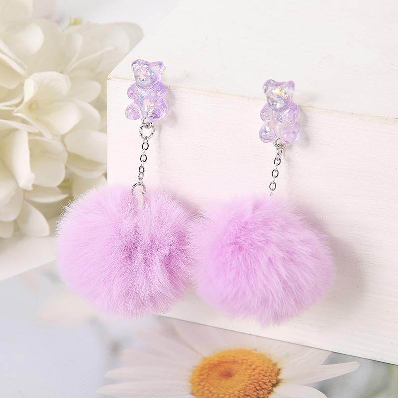 1Pair Cute Pompom Stud Earring Multicolours Resin Candy Bear Charms  With Puffer Ball Fashion Woman Jewelry Birthday Gift