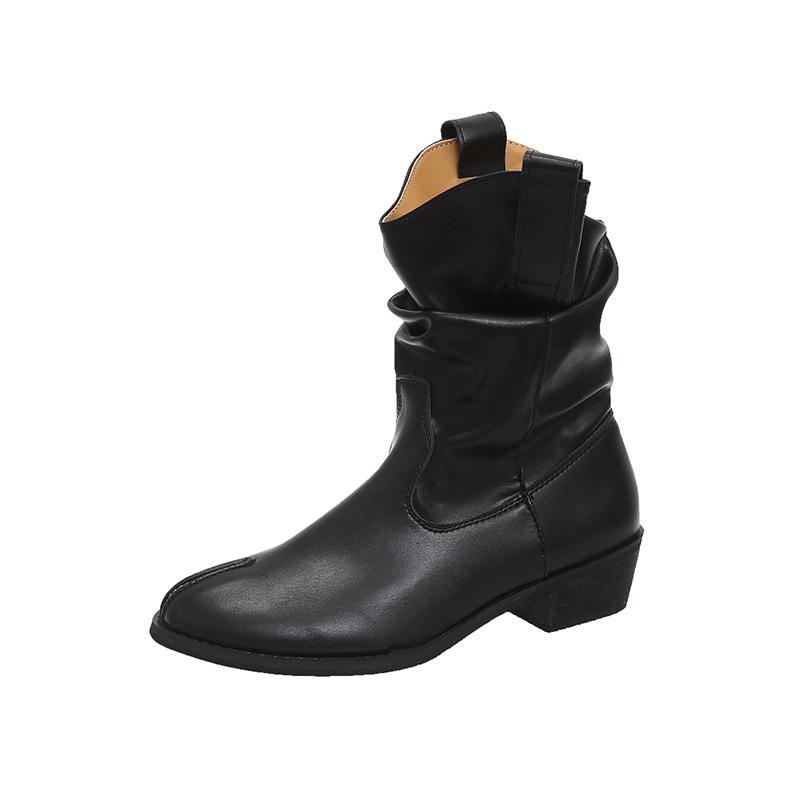 Sheepskin version~ inner height-increasing retro pleated stacking boots women's V-mouth suede mid-tube western boots versatile thick-heeled knight bo