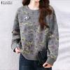 Women Round Neck Long Sleeve Lace Patchwork Floral Print Tee Tops