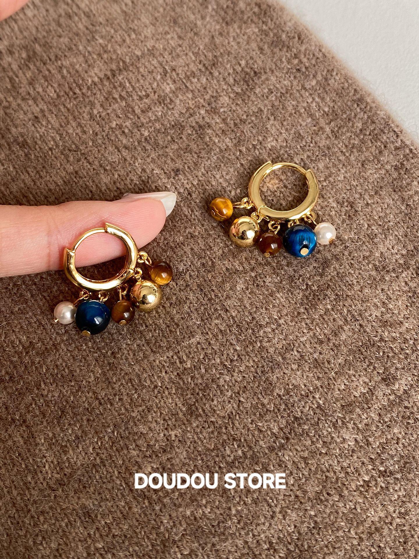 Hong Kong style fashion elegant personalized jewelry natural agate stone pendant ring gold-plated earrings