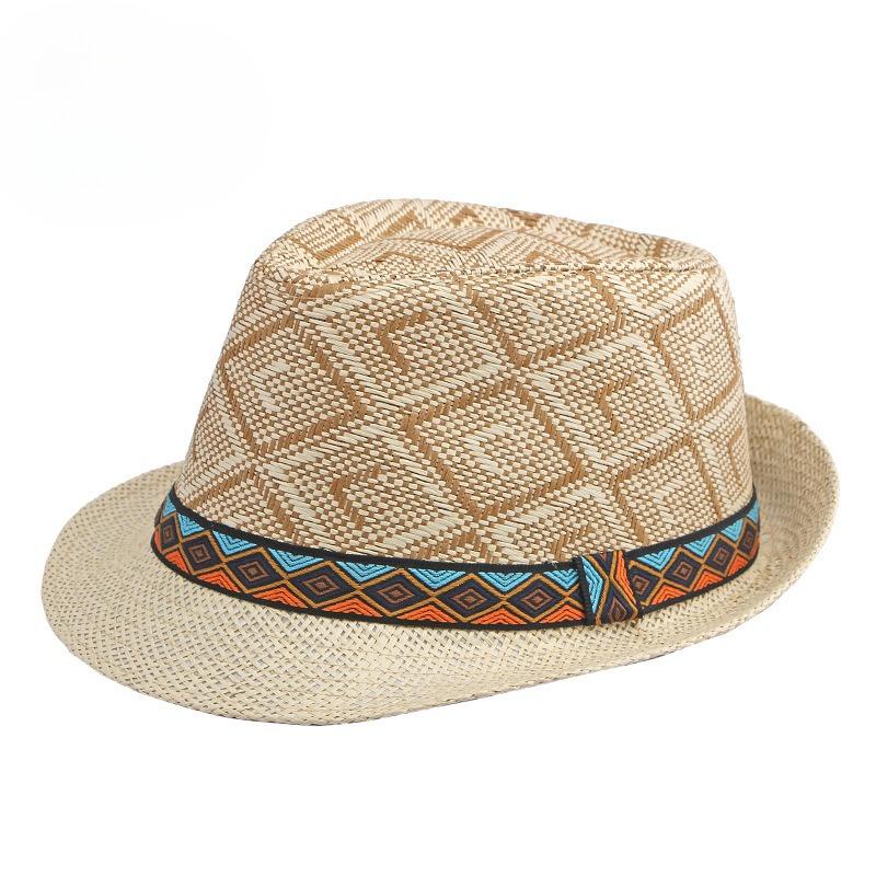 British Retro Straw Fedora Hat for Men Women Summer Sun Protection Jazz Hat Geometric Woven Beach Cap Fashion Ethnic Trilby Hat