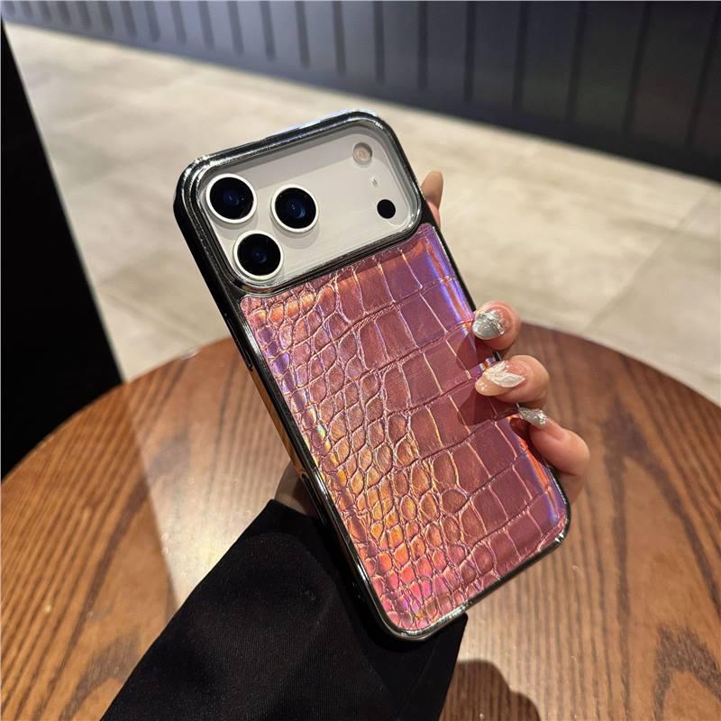 

Compatible with iPhone 17 Air: Electroplated Dazzling Colorful Crocodile Leather Texture Drop-Proof Hard Case for Apple 16 Pro Max and 15. 16 Plus розовый