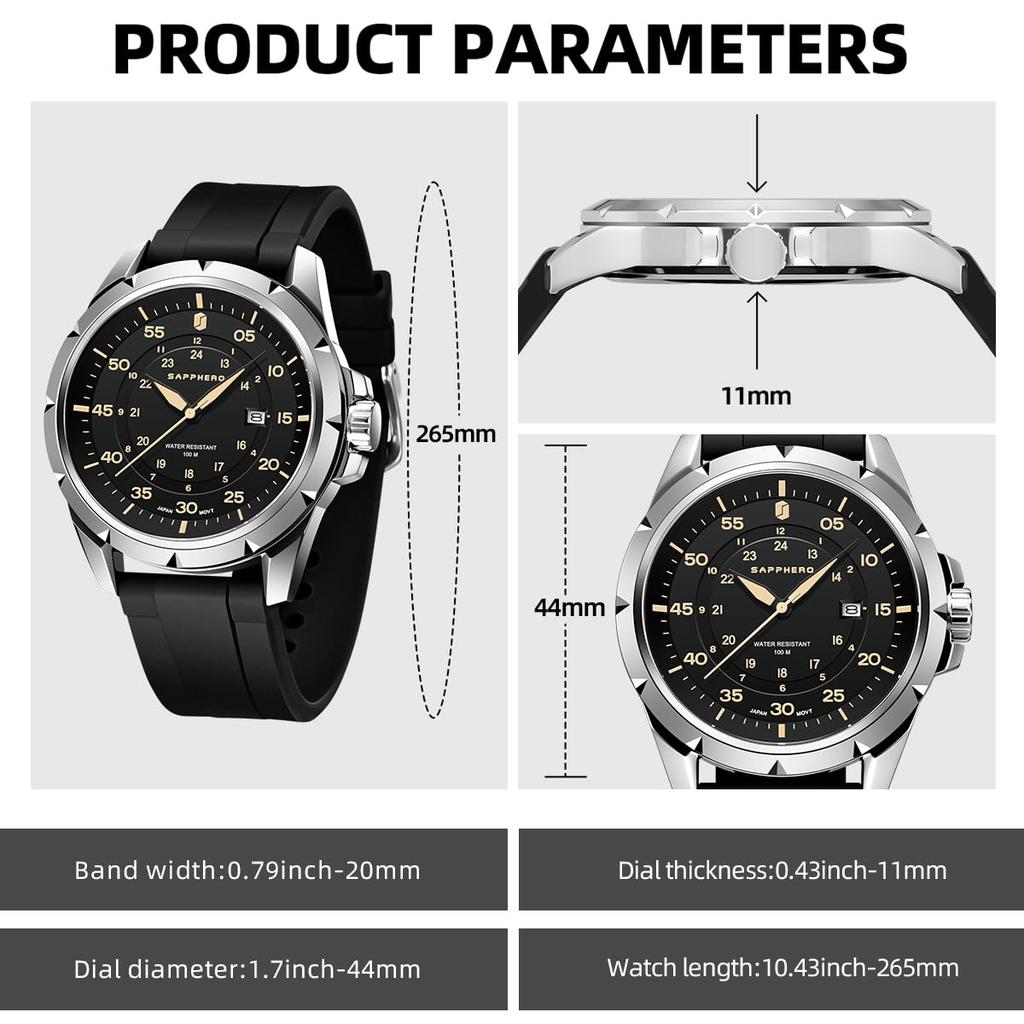 SAPPHERO Men's Analog Watch, 50M Water Resistant, Luminous Hands, Silicone Band, Date Display, Easy to Read, Suitable for Business, Outdoors, and