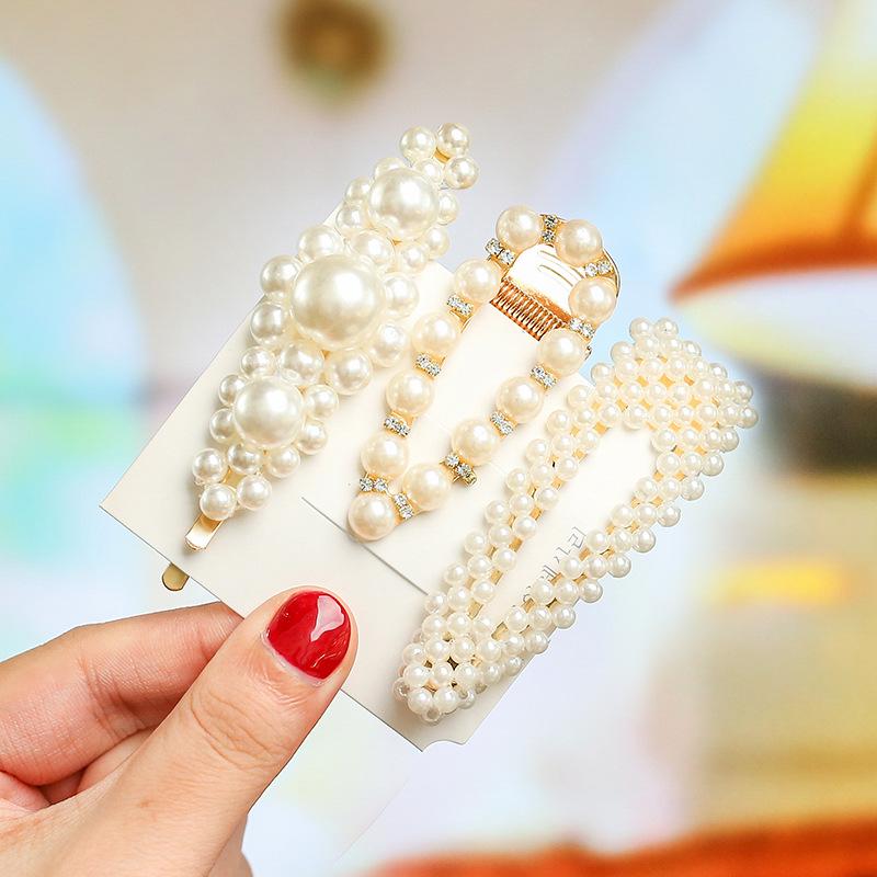 Korean Celebrity BB Hair Clip Set - Pearl Bow & Bangs Accessories