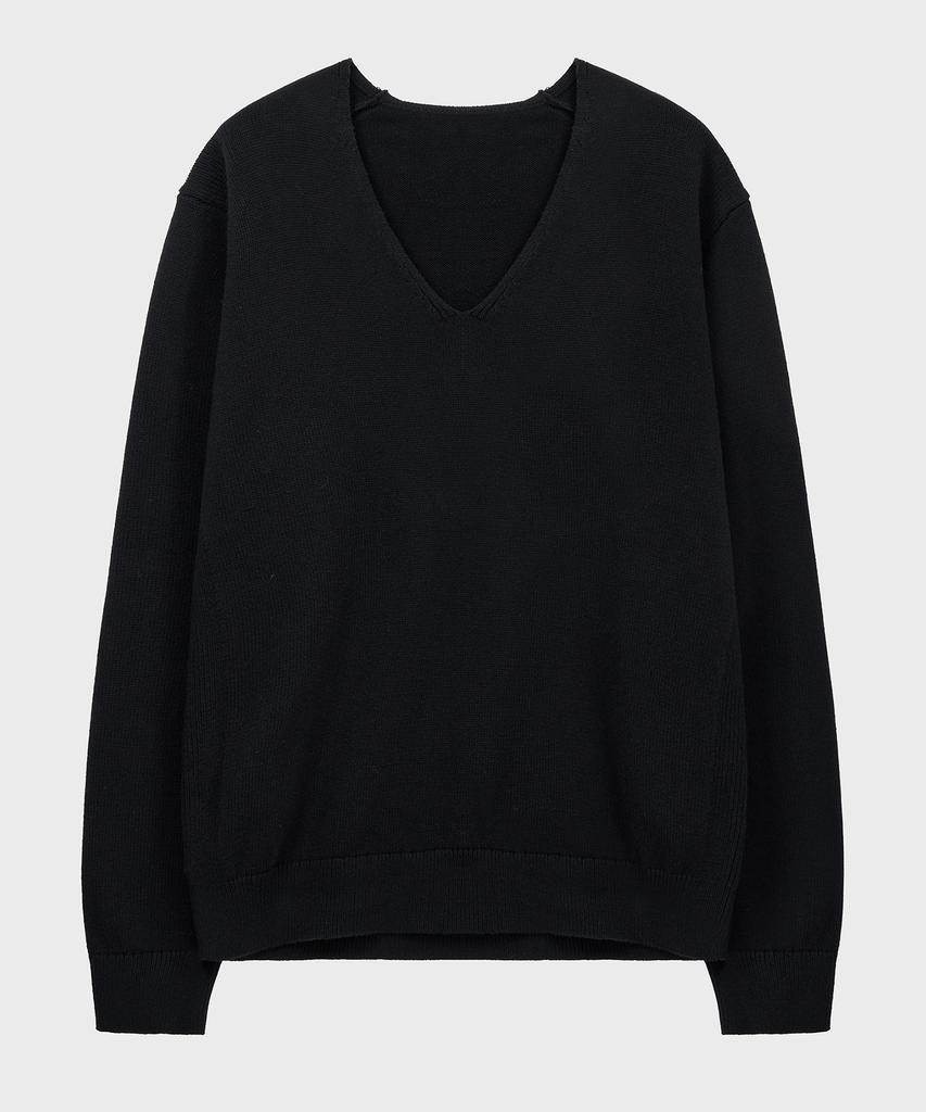 NOIRER Kaschmir-Baumwoll-Strickpullover mit tiefem V-Ausschnitt (Schwarz)
