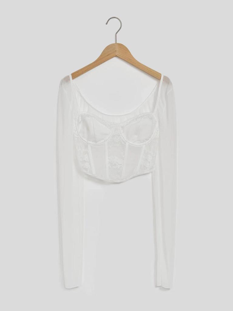 European & American Street Fashion Mesh Lace Slim Square Collar Long-Sleeved Top for Women