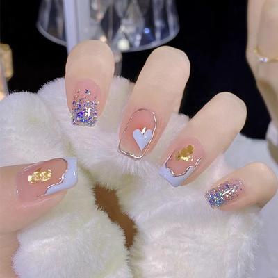 24 Stück Kurze Quadratische Tragenägel Temperament Cremeblau Liebe Nagelkunst Ins Wind Falscher Nagel Temperament Nude Tragenagel