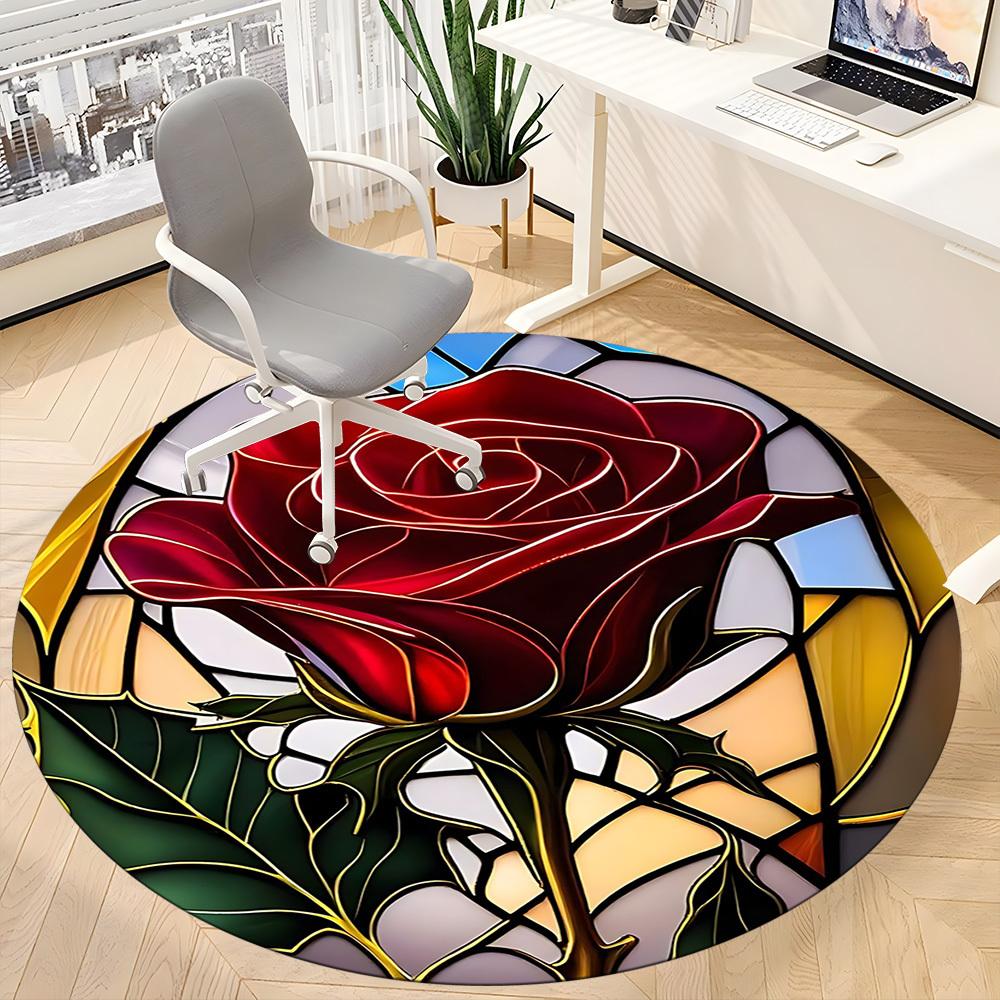 1pc Rose StainedGlass Office Round Area Rug, Under Office Chairs Bedroom Living Room Home Decor, Room Deco