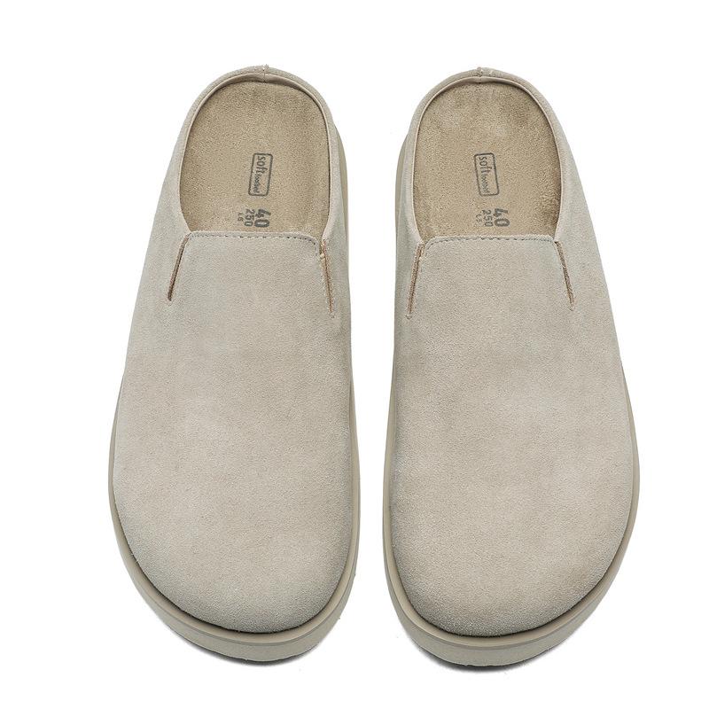 3751 Leather Lazy Baotou Half Slippers Men and Women Couples Flat Bottom Soft Leather Round Head Casual Thick Bottom