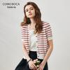 Komomboka Women's V-Neck Short Sleeve Striped Knit Cardigan