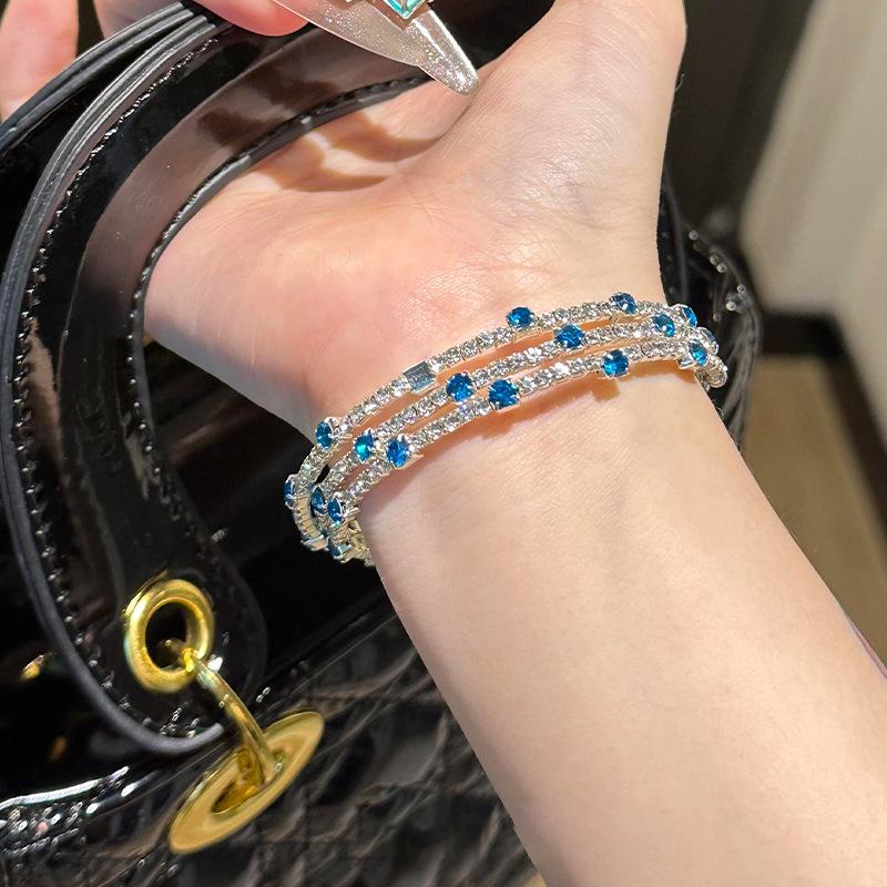 Korean super flash zircon geometric three-layer open bracelet retro exquisite bracelet light luxury high-end fashion jewelry women