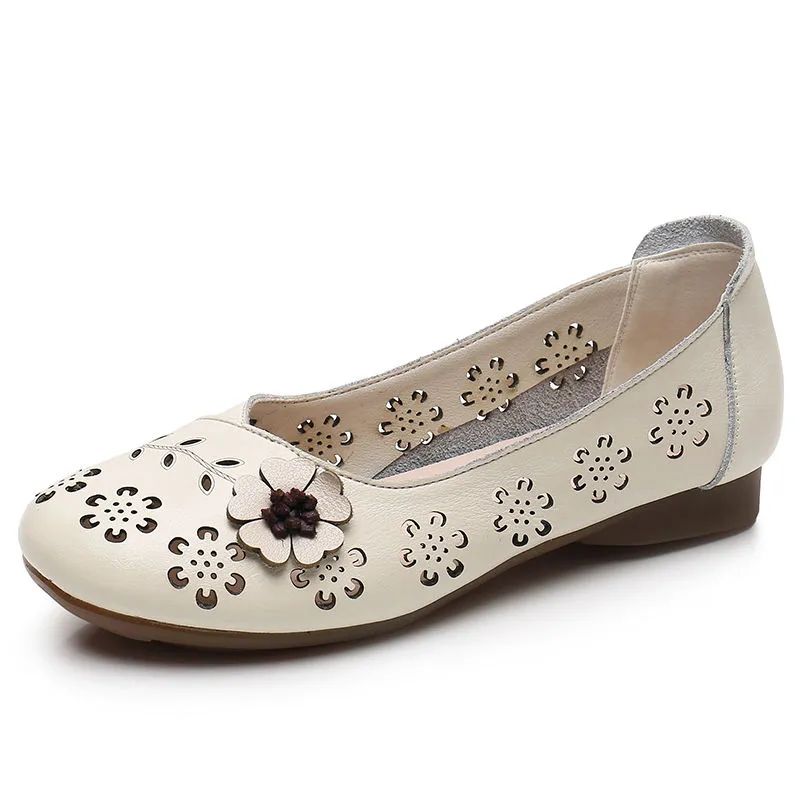 Fashion White Cutout Shallow Flats Woman Designer Floral Hollows Summer Flat Shoes for Women Casual Leather Loafers