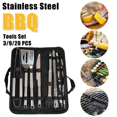 Juego de herramientas para barbacoa, espátula, tenedor, pinzas, cuchillo, cepillo, brochetas, utensilios de barbacoa de acero inoxidable, juego de 3/9/20 piezas para acampar al aire libre