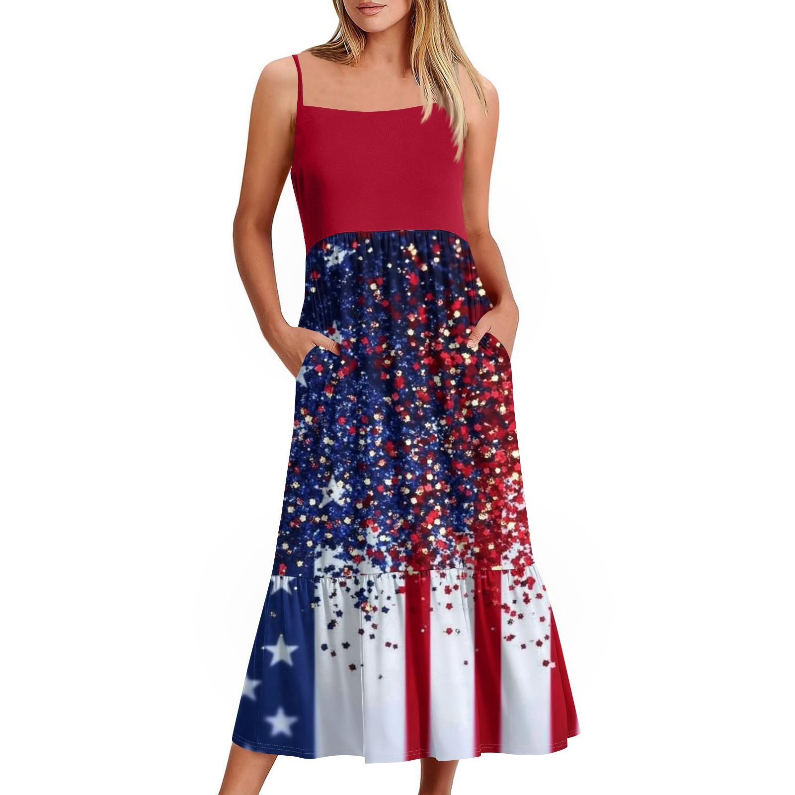 

Women s Independence Day Printed Long Beach Casual Elegant Spaghetti Strap Maxi Dress Low Profile Flowy Dress XL Кіновар