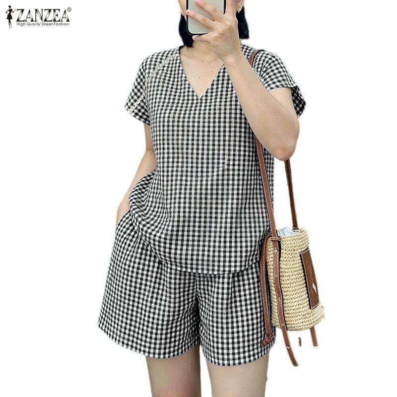 ZANZEA Women Short Sleeve Blouse and Shorts Grid Print Casual Two Piece Suit Sets