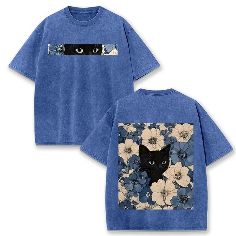 T-shirt Vintage Nera Lavata Gatto Floreale Stampa Double Face Streetwear Casual
