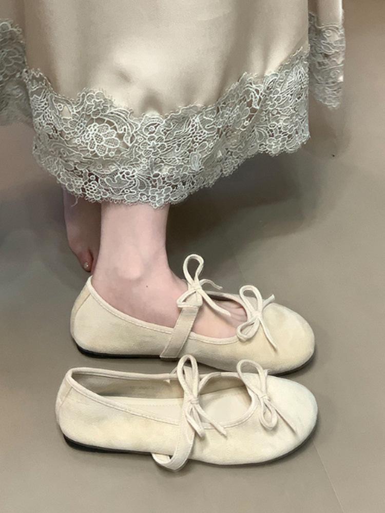 Ballet word with bow single shoes women's spring and autumn soft-soled flat-soled grandma beanie ladyshoes