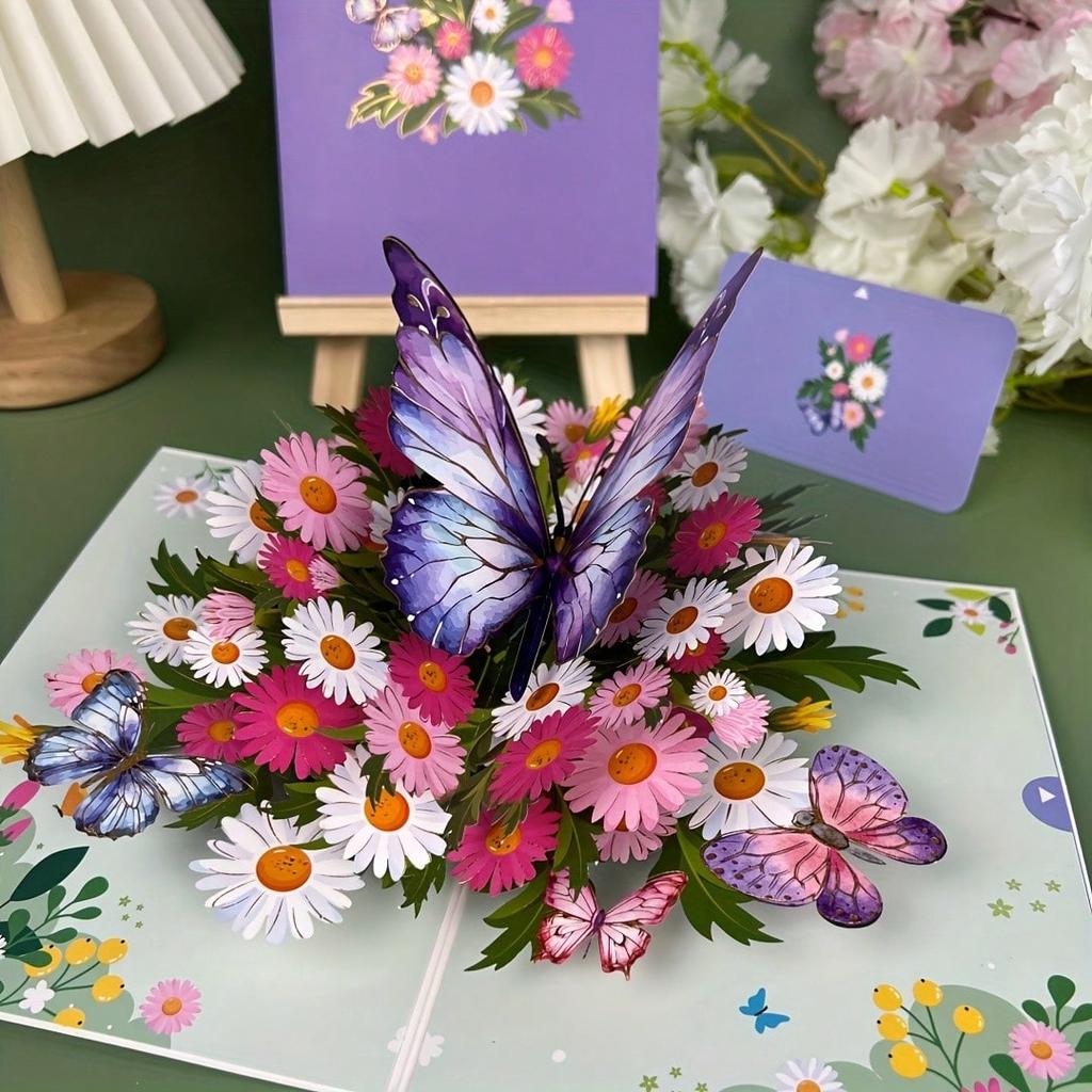 1 Stück Lebendige 3D Pop-Up Grußkarte, Bunte Schmetterlinge & Gänseblümchen, Perfekt für Geburtstag Muttertag Hochzeit