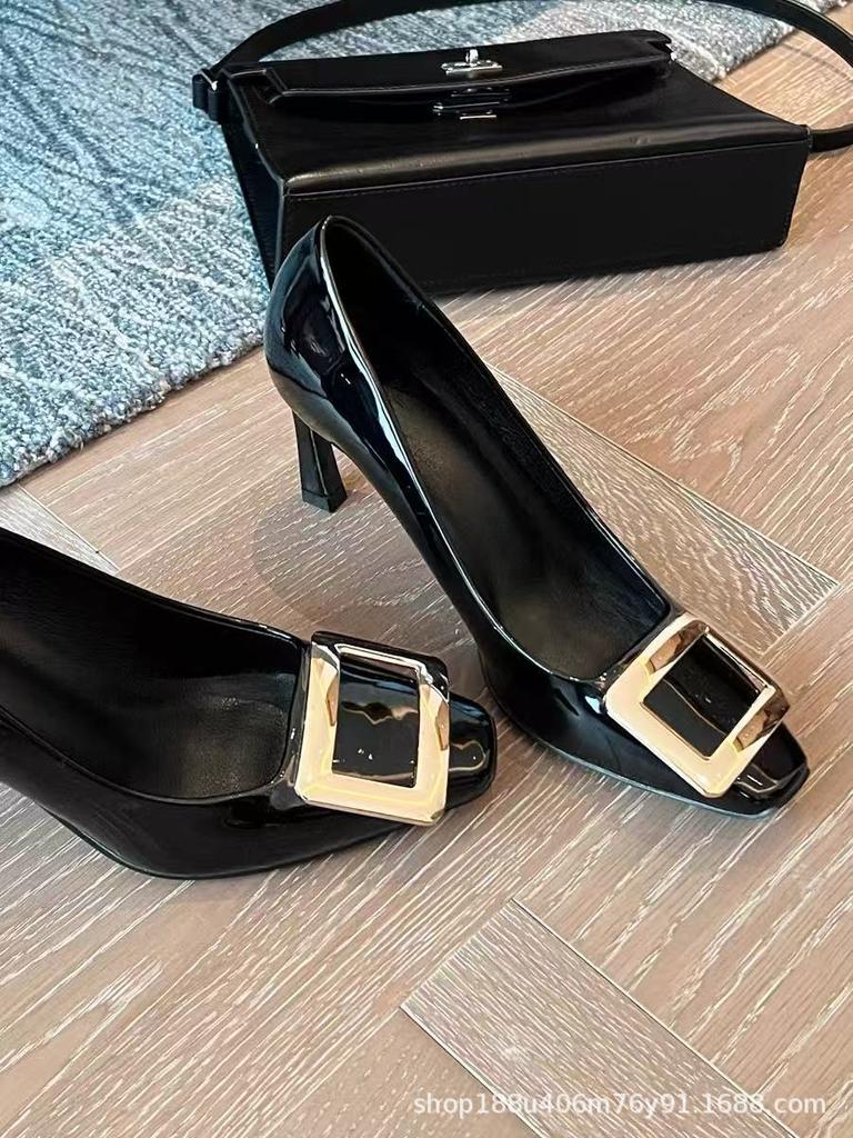 [New] Black patent leather high heels women's square head thick heel square buckle French temperament beautiful adult ceremony single shoes women