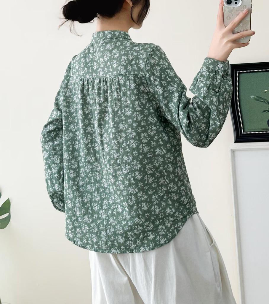 2026 Spring/Autumn Women's Loose Stand Collar Cotton Shirt - Long Sleeve, Casual, Retro Style