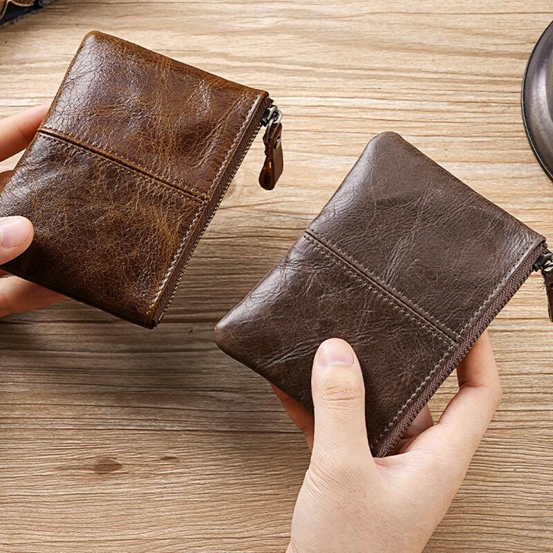 Mens and Women Retro Real Leather Zipper Wallet Card Holder Small Coins Keys Pocket Money Storage Pouch with Chain Key-ring