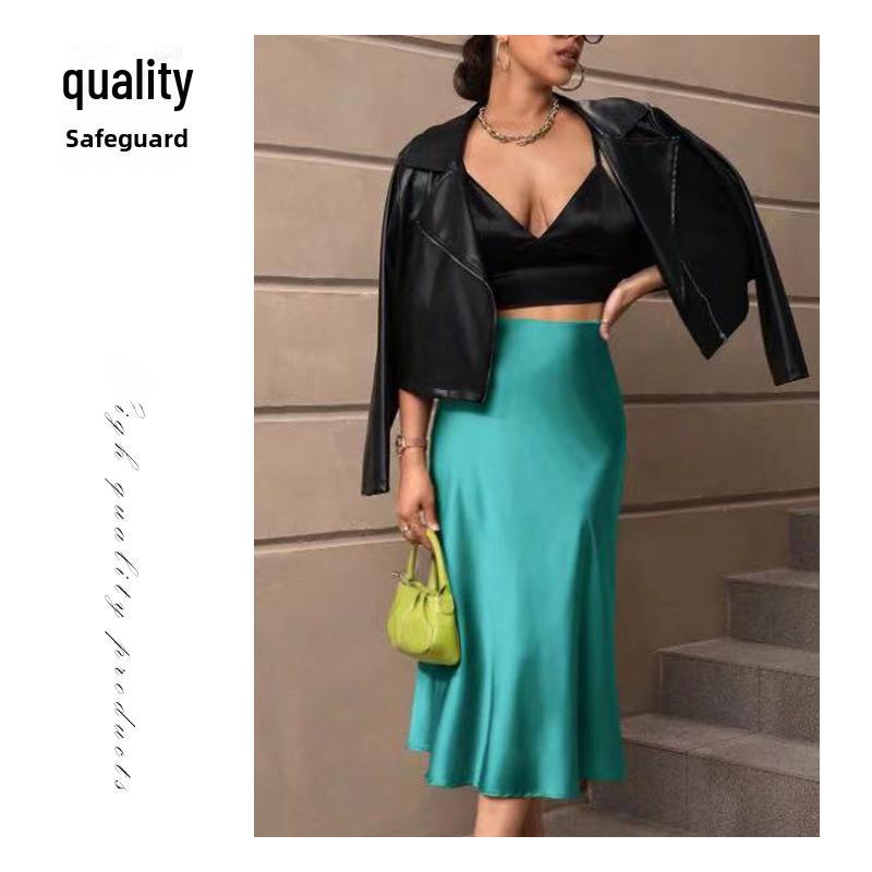 Jesienna satynowa spódnica midi z rybim ogonem - Nowa europejska i amerykańska moda damska