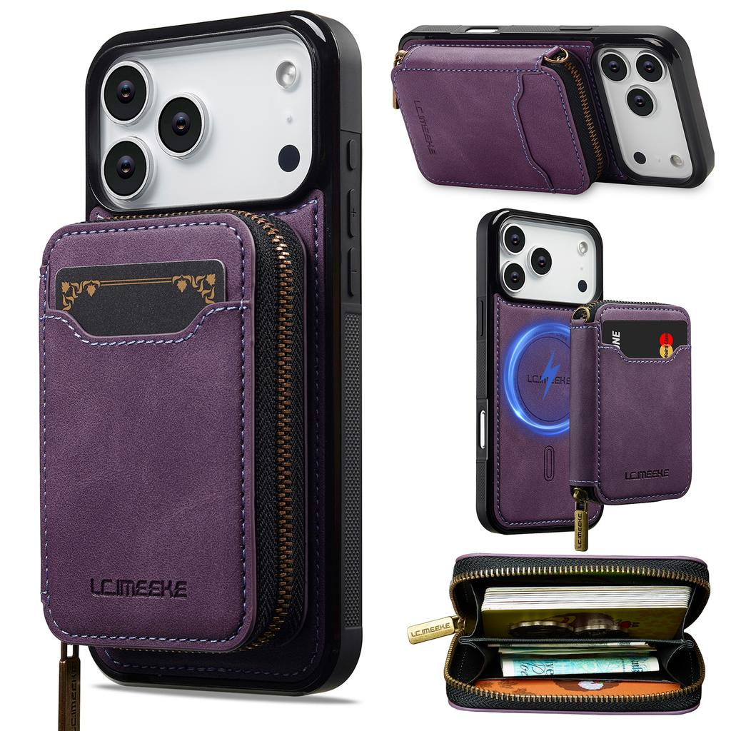 Custodia in Pelle 2 in 1 Staccabile Magnetica con Cerniera e Porta Carte per iPhone 17 Pro Max 16 Plus 15 14 13 12 Per Copertura Borsa Magsafe
