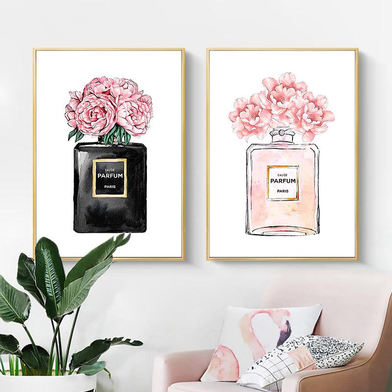Pósteres de moda con diseño de botella de perfume de flores, impresiones de belleza, cita "Begins", pintura en lienzo, arte de pared de acuarela, imágenes para decoración del dormitorio y el hogar