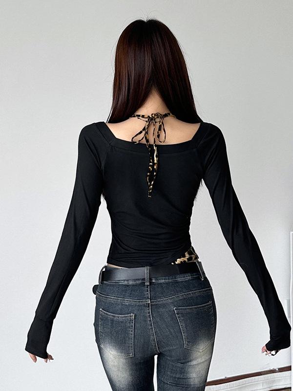 2025 Women's Leopard Print Halter Two-Piece Look V-Neck Slim Fit Long Sleeve Top – Spring/Autumn American Style
