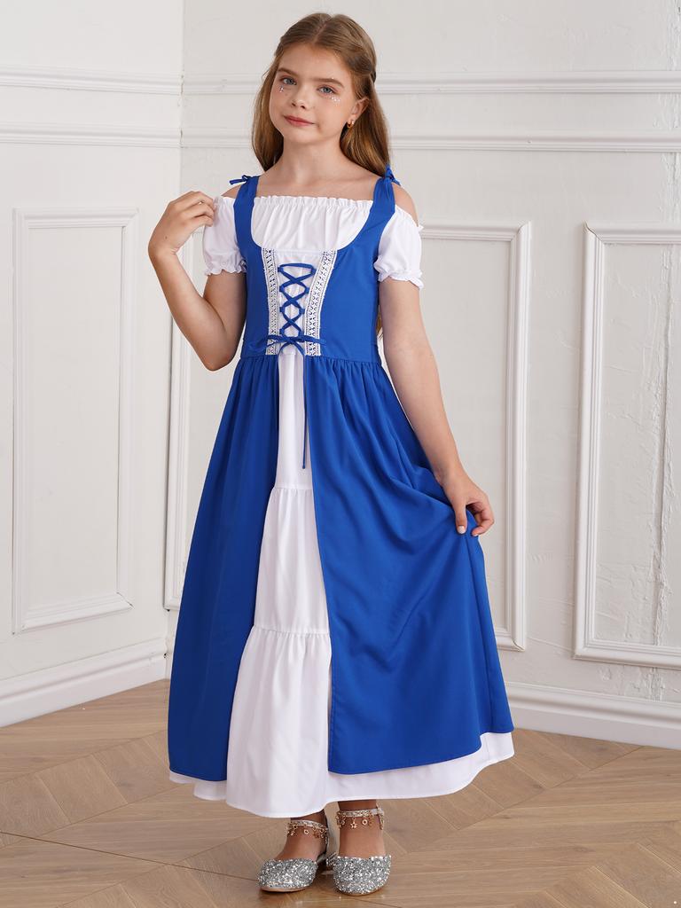 Girls Medieval Renaissance Style Pricess Costume Witch Role Playing Kids High Waist Ruffle Dress Halloween Fancy Dress-up Party
