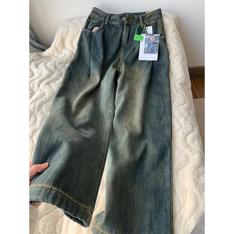 

Джинсы женские больших размеров 2024 с высокой посадкой, на флисовой подкладке, с широкими штанинами: Свободные прямые брюки для осени/зимы XL