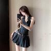 Women's Summer Striped Halter V-neck Backless Dress with Waist-cinching Blazer and A-line Pleated Skirt