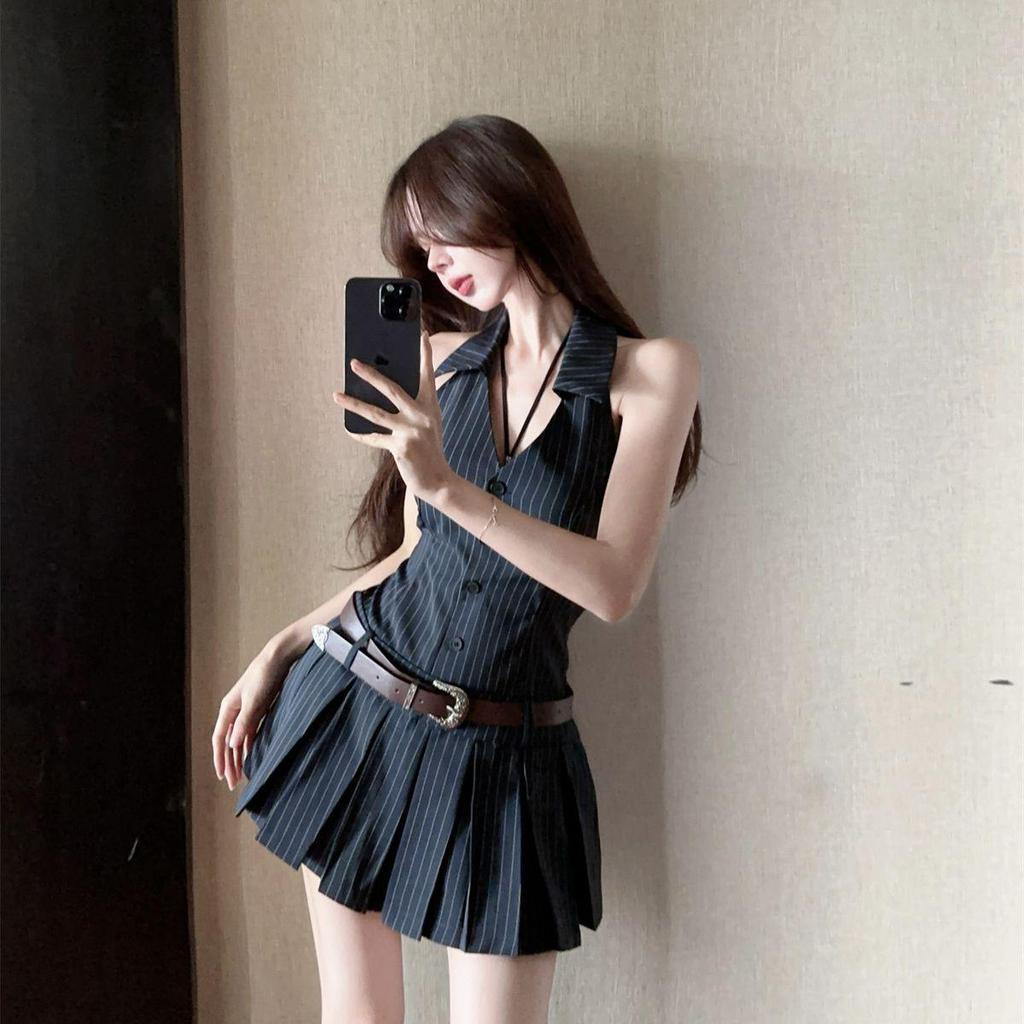 Women's Summer Striped Halter V-neck Backless Dress with Waist-cinching Blazer and A-line Pleated Skirt