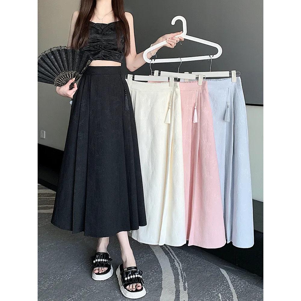 Elegant Jacquard Pleated Skirt for Petite Women - Elastic Waist, Slimming Design, Trendy Chinese Style