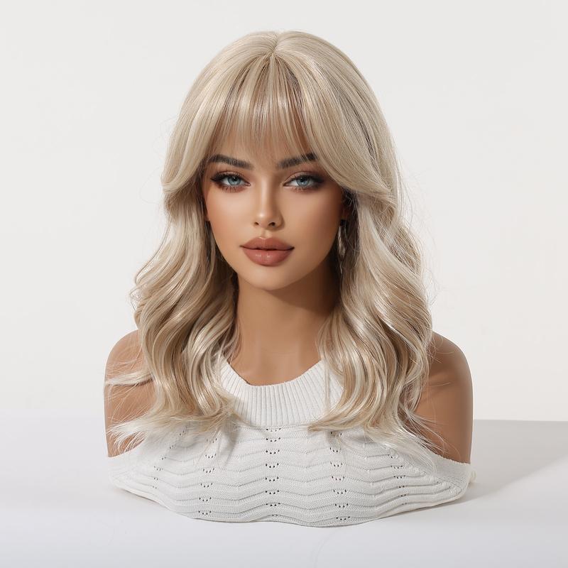 16inch Long Blonde Body Wavy Synthetic Wigs with Bangs for Women Heat Resistant Natural Hairs Wig for Daily Cosplay Party Wear