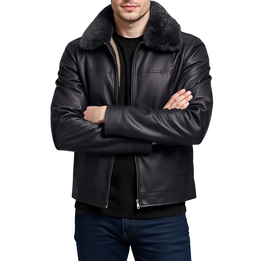 Men's Winter Solid Color Plus Velvet Leather Jacket Men's Casual Jacket