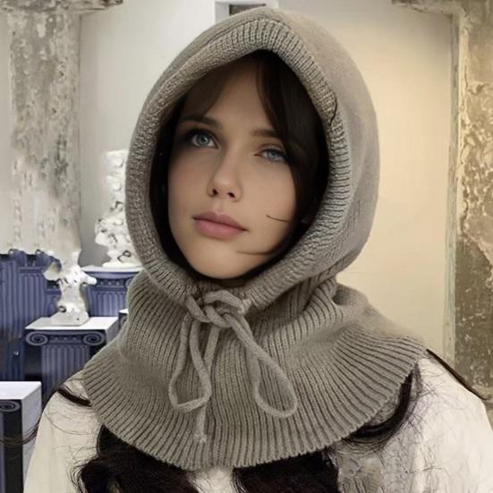 Knitting Hat Scarf Set Solid Color Adjustable Drawstring Scarf Hat Women Winter Warm Windproof Elastic Thermal Hat