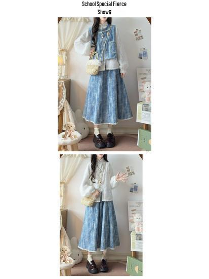 Ensemble jupe et gilet en jean bleu pour femme Printemps/Automne 2026 - Design trois pièces