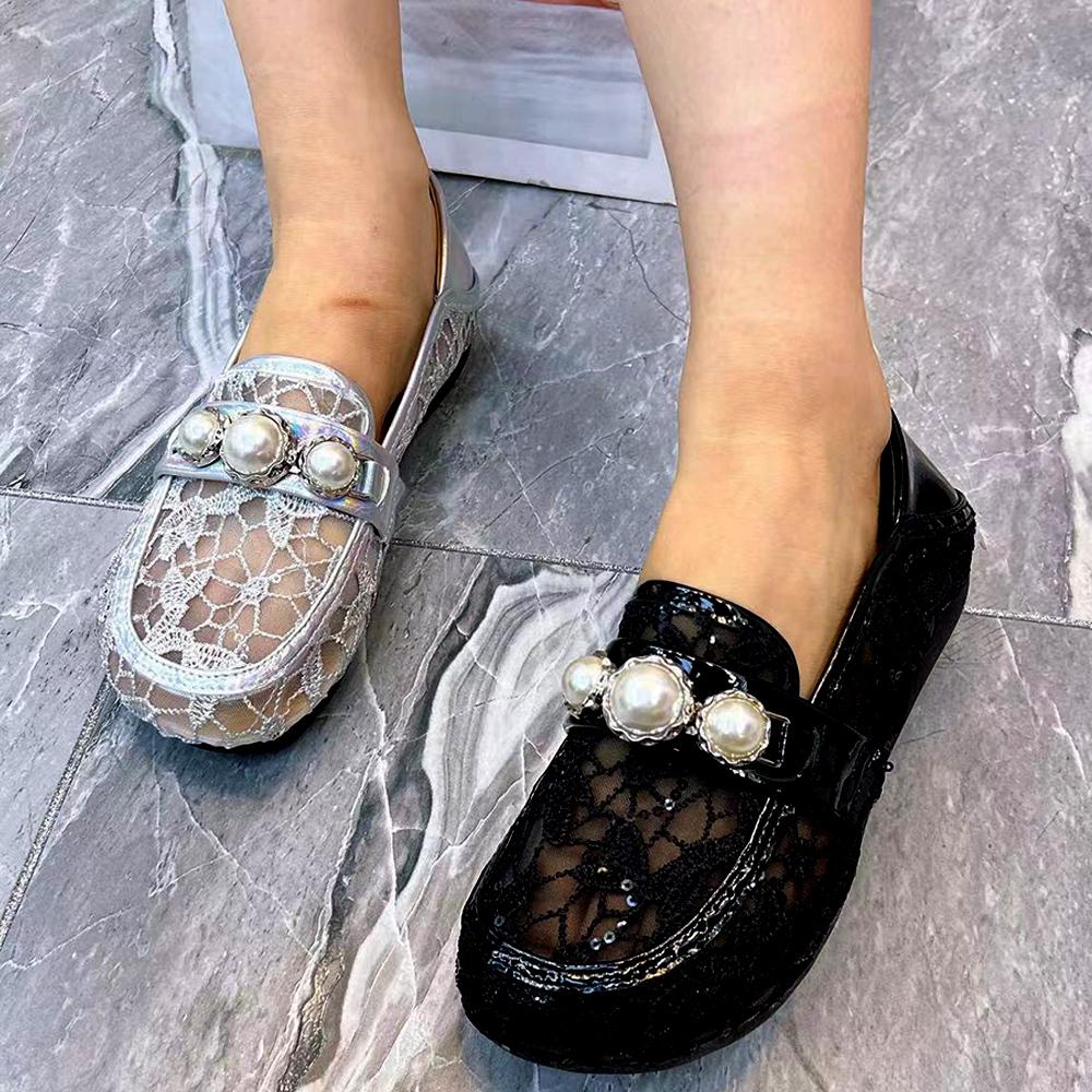 Sommer Damen Slipper Übergröße lässig Flach Damen Pantoletten Mode Perle Designer Damen Schuhe Gaze Atmungsaktive Sandalen