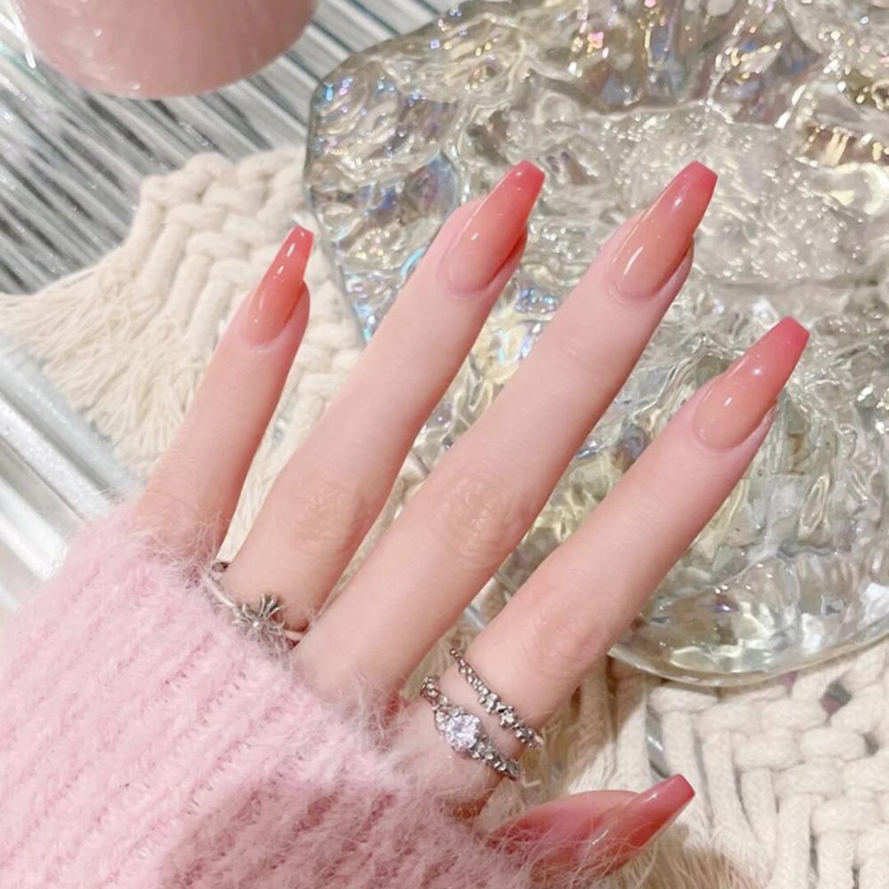24PCS Long Press on Nail Red Gradient Design Sweet Style Full Coverage Nails