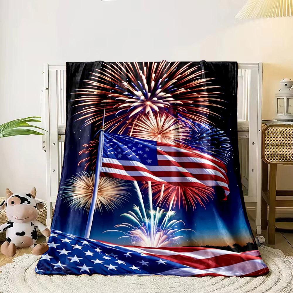 

American flag waving with colorful fireworks in the night sky. for all seasons blanket lunch break throw gift 80cm x 120cm