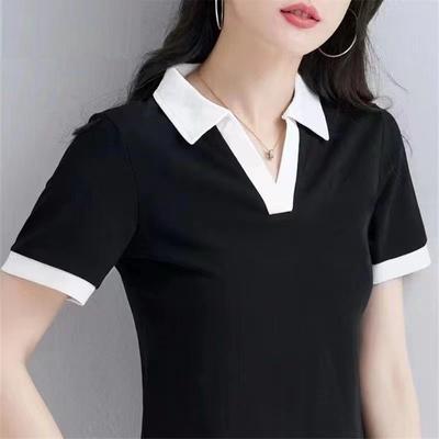 Cotton Shoulder Short Sleeve Polo Neck Women's T-shirt Summer Cropped Top V-neck Solid Color Summer Dress